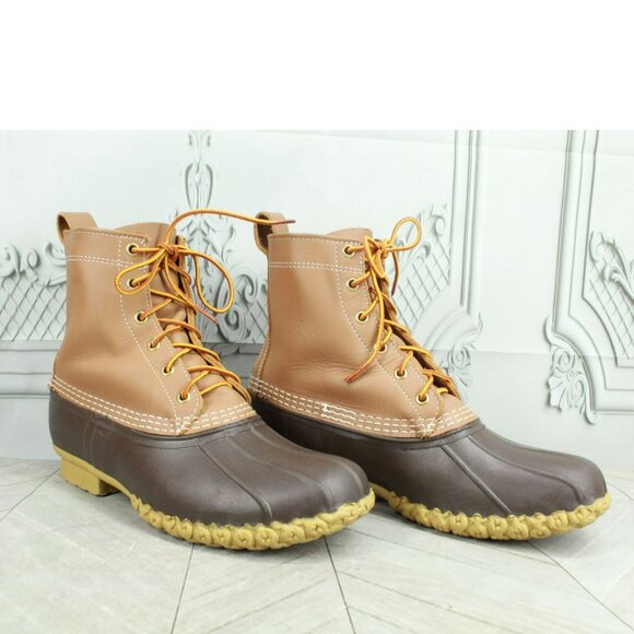 LL Bean Brown Leather 8' Lace Up Round Toe Unlined Ankle Duck Boots Size 11 M - Picture 2 of 10